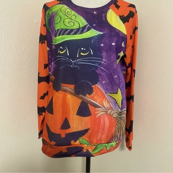 Halloween Cat in Pumpkin Graphic Long Sleeve Sweatshirt Size Large Colorful Y2K - Picture 2 of 9